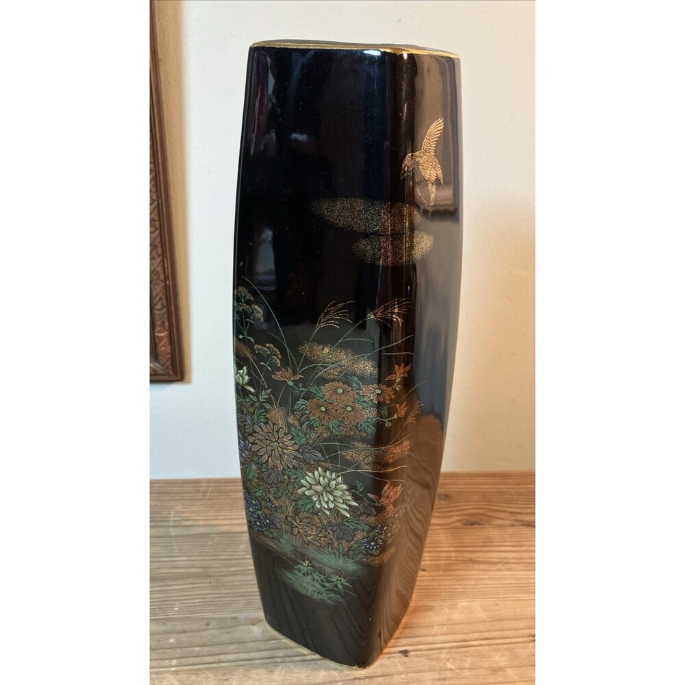Vintage Sato Gordon Porcelain Vase Japan Black Gold Floral Bird Asian MCM Decor